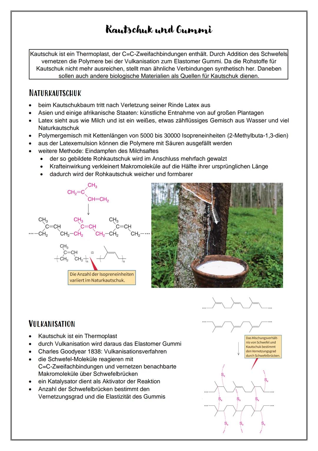 # Kautschuk und Gummi

Kautschuk ist ein Thermoplast, der C=C-Zweifachbindungen enthält. Durch Addition des Schwefels
vernetzen die Polymere