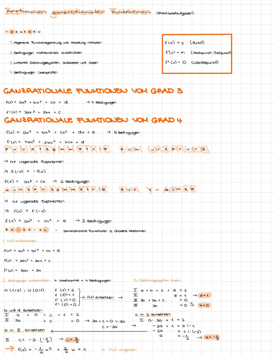 VORGEHEN
f(x) = ax³ + bx² + cx + d
1. Allgemeire Funktionsgleichung und Ableitung rotieren
2. Bedingungen mathematisch ausdrücken
3. Lireare