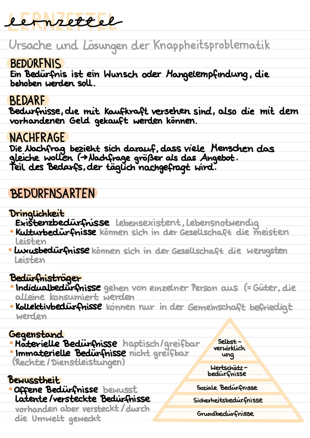 lernzettel
Ursache und Lösungen der Knappheitsproblematik
BEDÜRFNIS
Ein Bedürfnis ist ein Wunsch oder Mangelempfindung, die
behoben werden s