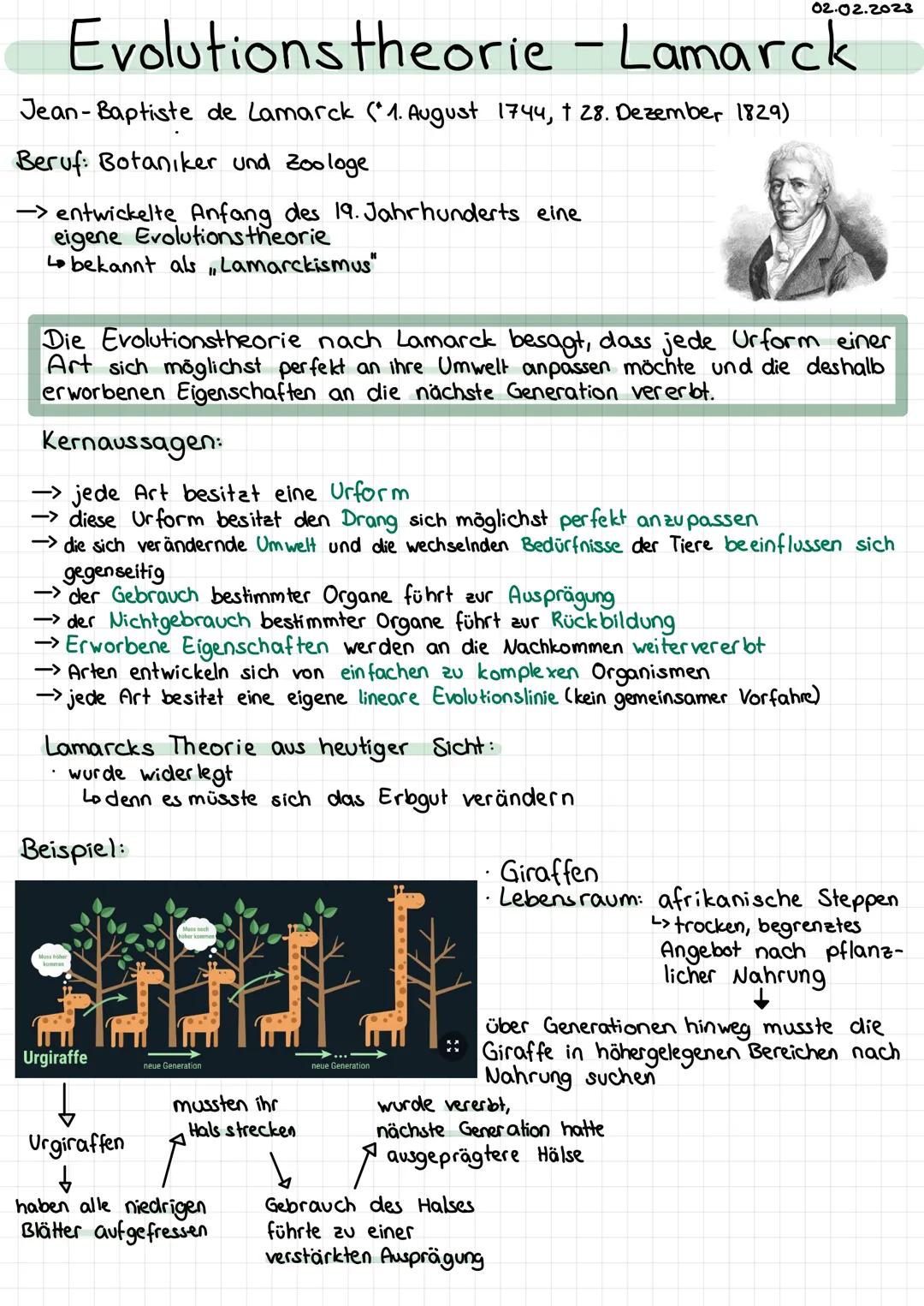 02.02.2023
# Evolutionstheorie - Lamarck
Jean-Baptiste de Lamarck (*1. August 1744, † 28. Dezember 1829)

Beruf: Botaniker und Zoologe

→ en