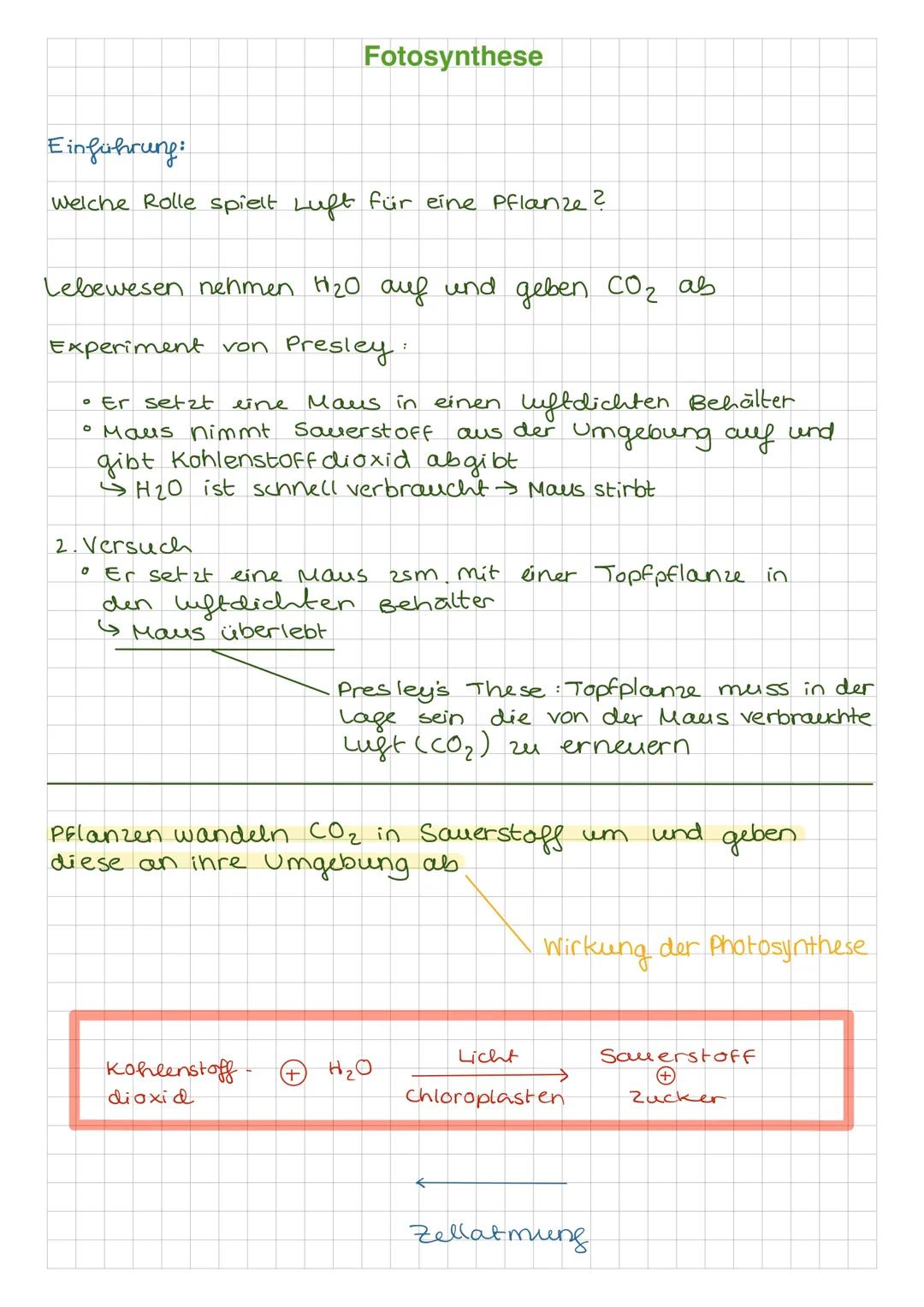 # Fotosynthese

Einführung:

Welche Rolle spielt Luft für eine Pflanze?

Lebewesen nehmen H20 auf und geben CO2 as

Experiment von Presley:

