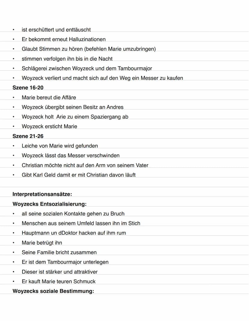 Woyzeck
Zusammenfassung:
●
.
●
●
Inhalt:
.
●
Beide sind einfache Soldaten die in der sozialen Rangordnung weit unten stehen
Woyzeck wird von