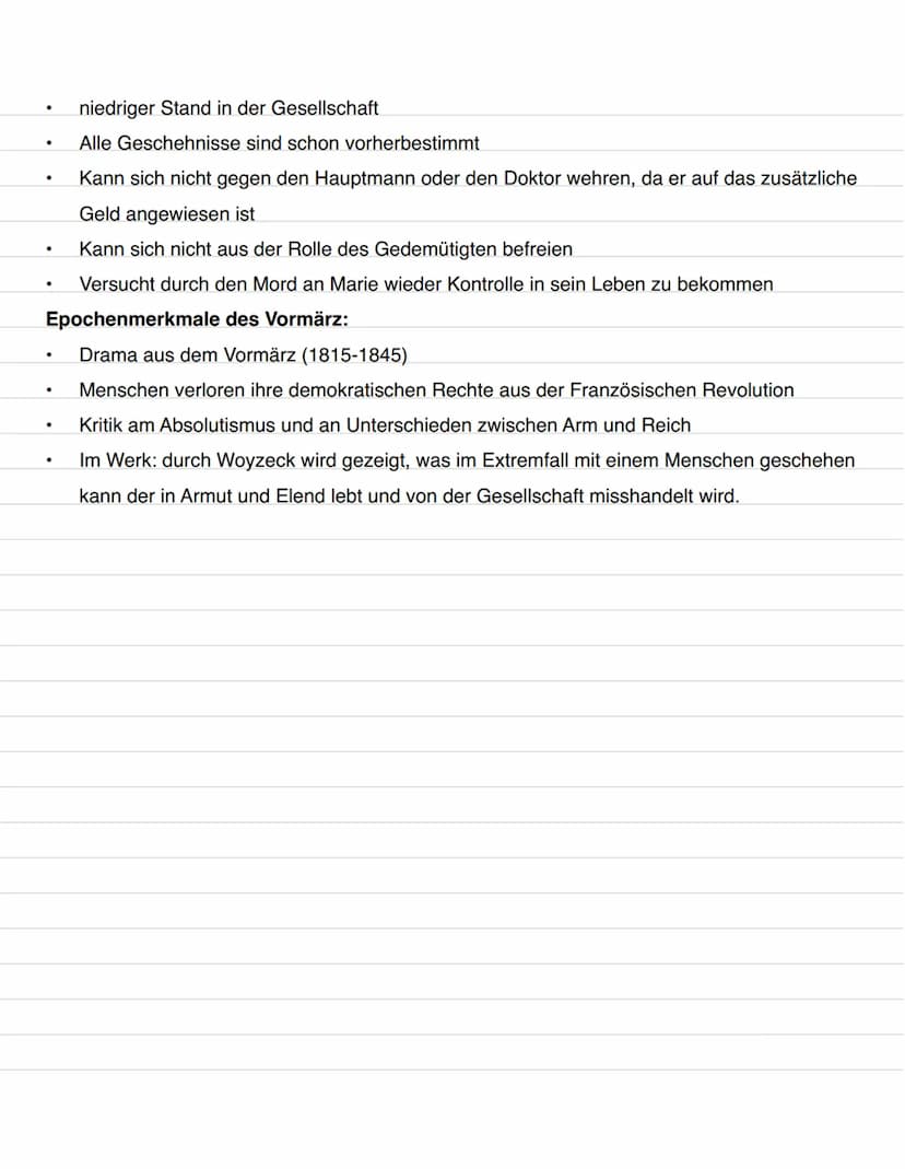Woyzeck
Zusammenfassung:
●
.
●
●
Inhalt:
.
●
Beide sind einfache Soldaten die in der sozialen Rangordnung weit unten stehen
Woyzeck wird von