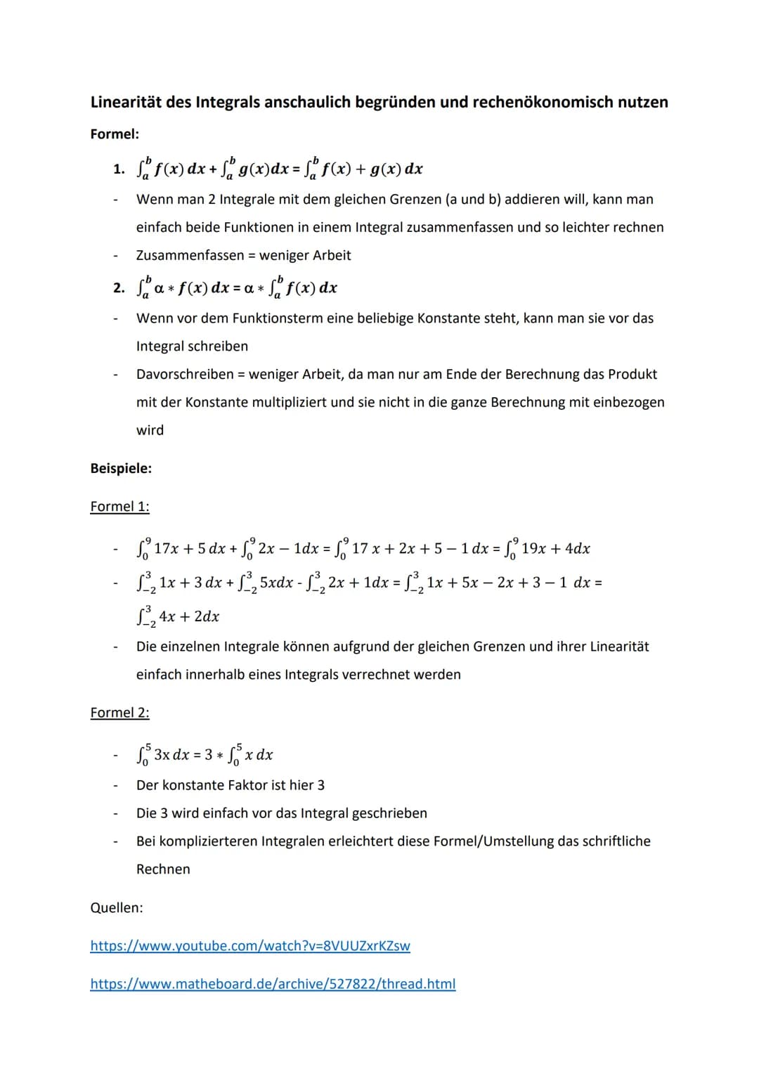 Linearität des Integrals anschaulich begründen und rechenökonomisch nutzen
Formel:
1. f f(x) dx + √ g(x) dx = f f(x) + g(x) dx
Wenn man 2 In