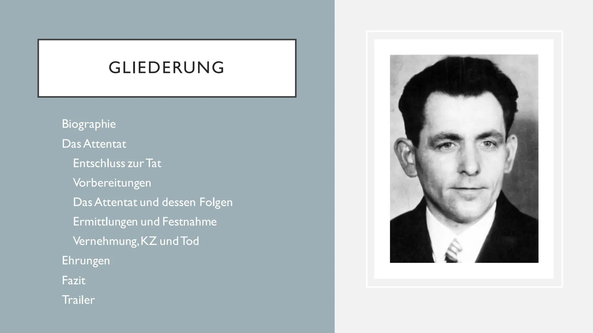 GEORG ELSER
- ALLEIN GEGEN HITLER - GLIEDERUNG
Biographie
Das Attentat
Entschluss zur Tat
Vorbereitungen
Das Attentat und dessen Folgen
Ermi