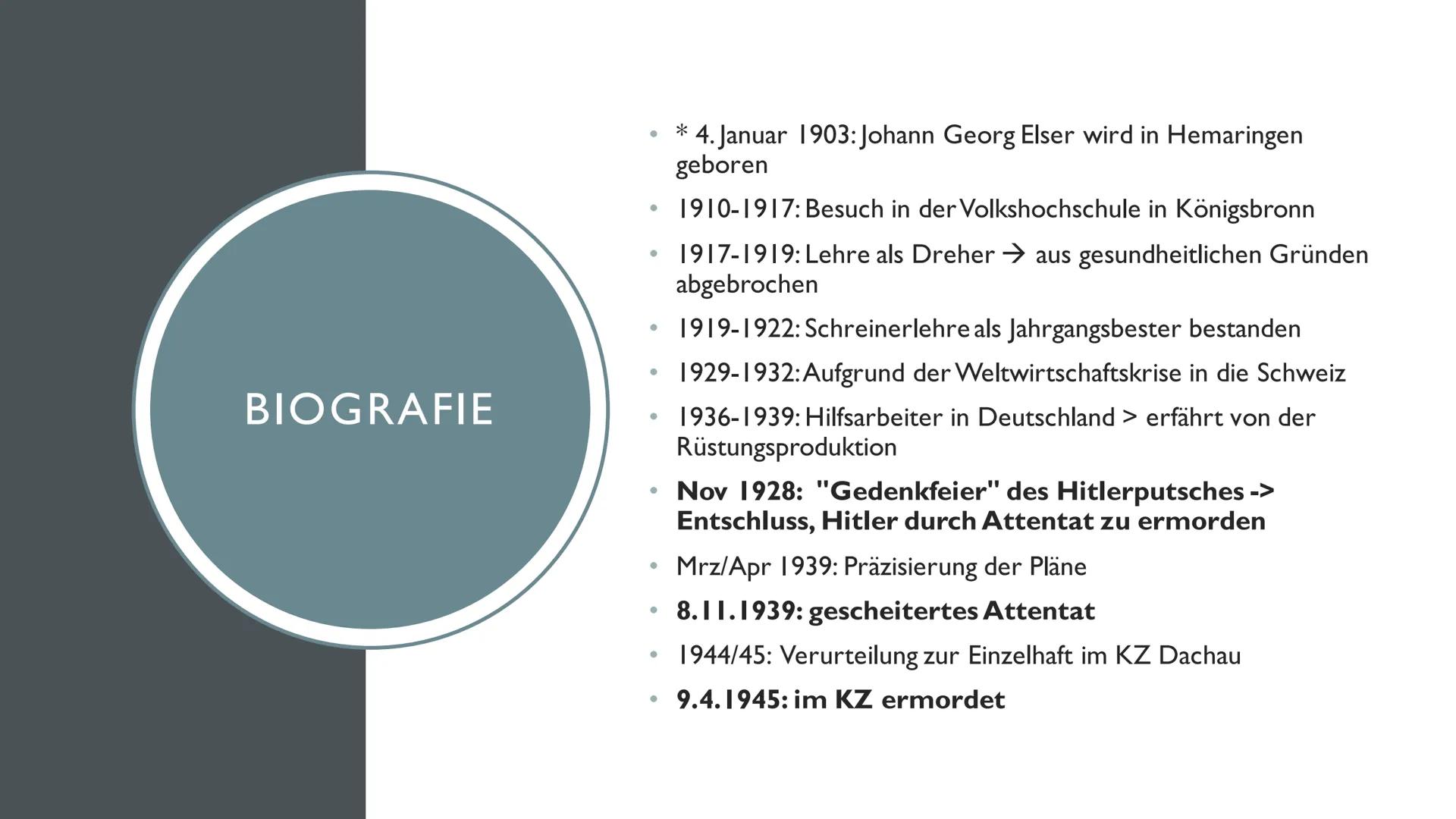 GEORG ELSER
- ALLEIN GEGEN HITLER - GLIEDERUNG
Biographie
Das Attentat
Entschluss zur Tat
Vorbereitungen
Das Attentat und dessen Folgen
Ermi