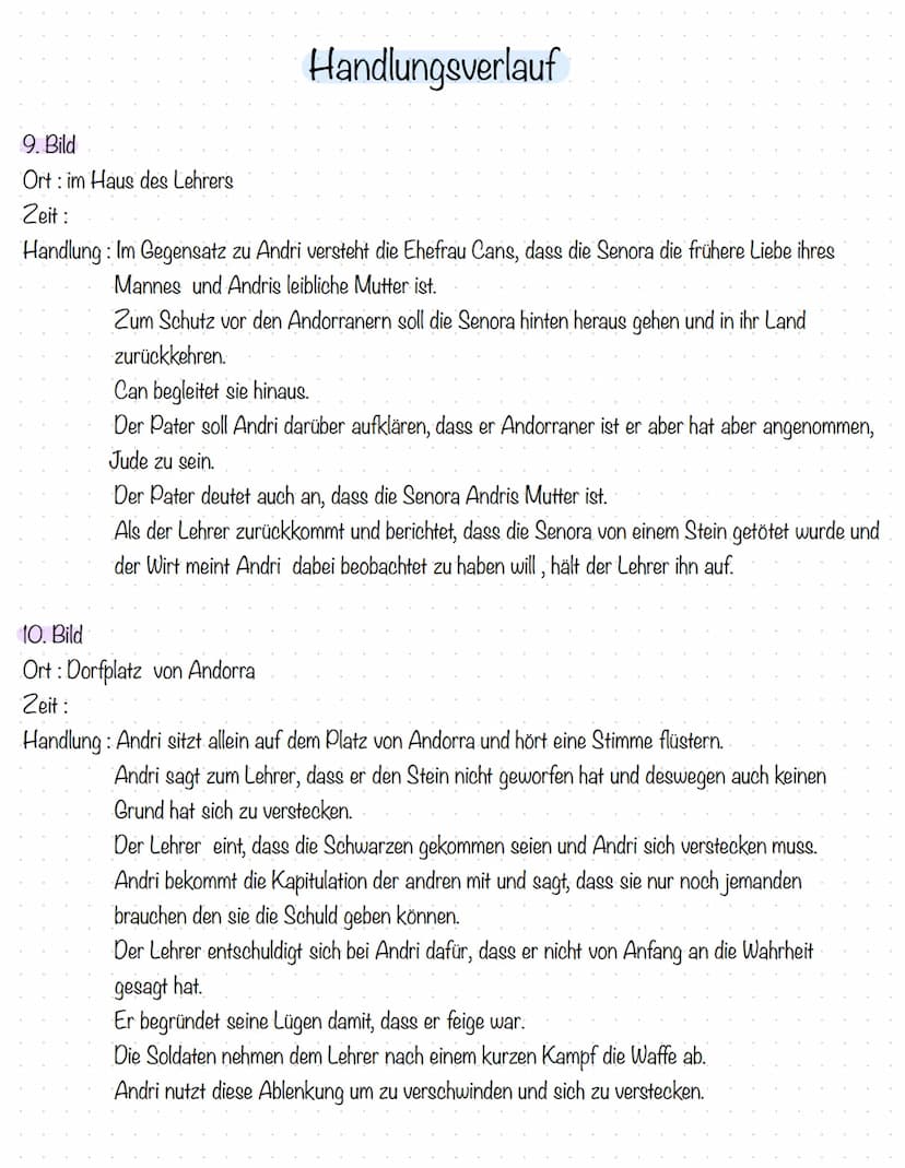  Handlungsvelauf
1. Bild
Ort: Dorfplatz Andorra
Zeit: später Nachmittag / kurz vorm Abend
Handlung: Barblin weißelt ihr Elternhaus, als sie 