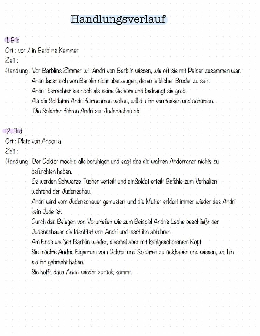  Handlungsvelauf
1. Bild
Ort: Dorfplatz Andorra
Zeit: später Nachmittag / kurz vorm Abend
Handlung: Barblin weißelt ihr Elternhaus, als sie 