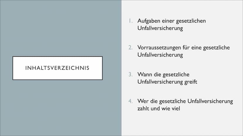UNFALLVERSICHERUNG INHALTSVERZEICHNIS
1. Aufgaben einer gesetzlichen
Unfallversicherung
2. Vorraussetzungen für eine gesetzliche
Unfallversi
