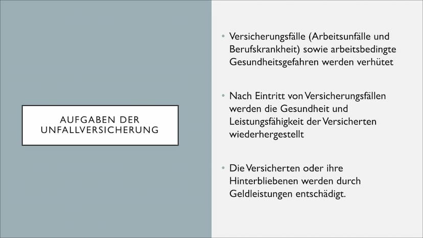 UNFALLVERSICHERUNG INHALTSVERZEICHNIS
1. Aufgaben einer gesetzlichen
Unfallversicherung
2. Vorraussetzungen für eine gesetzliche
Unfallversi