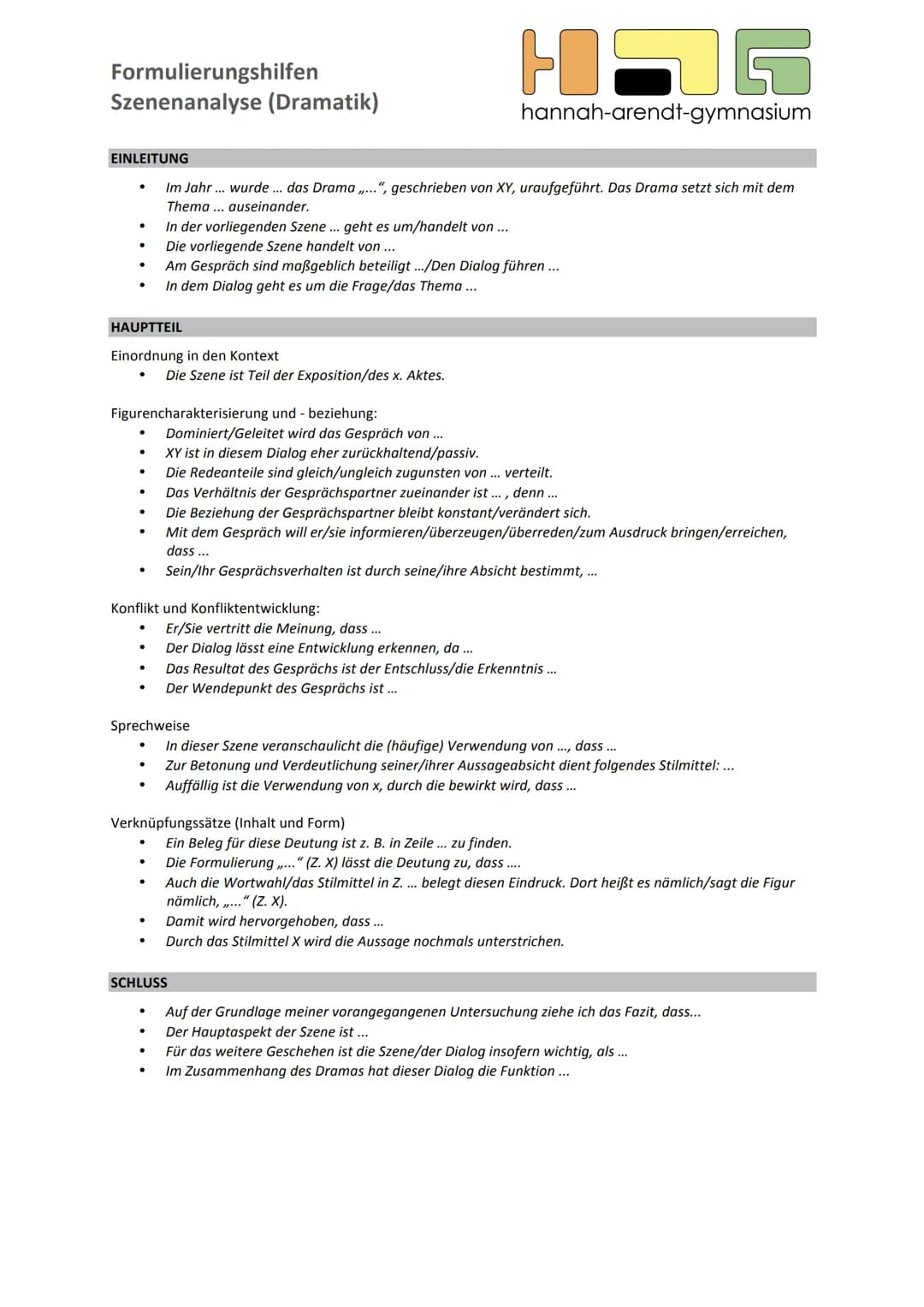 Formulierungshilfen
Szenenanalyse (Dramatik)
EINLEITUNG
●
●
HAUPTTEIL
Einordnung in den Kontext
●
Figurencharakterisierung und -beziehung:
●