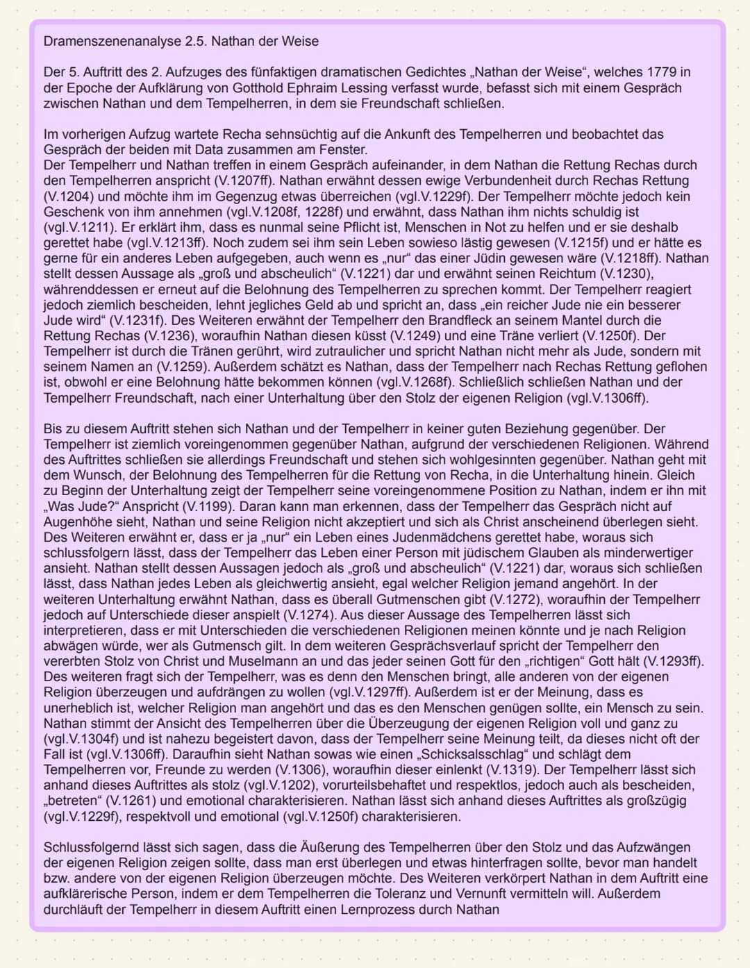 Dramenszenenanalyse 2.5. Nathan der Weise
Der 5. Auftritt des 2. Aufzuges des fünfaktigen dramatischen Gedichtes ,Nathan der Weise", welches