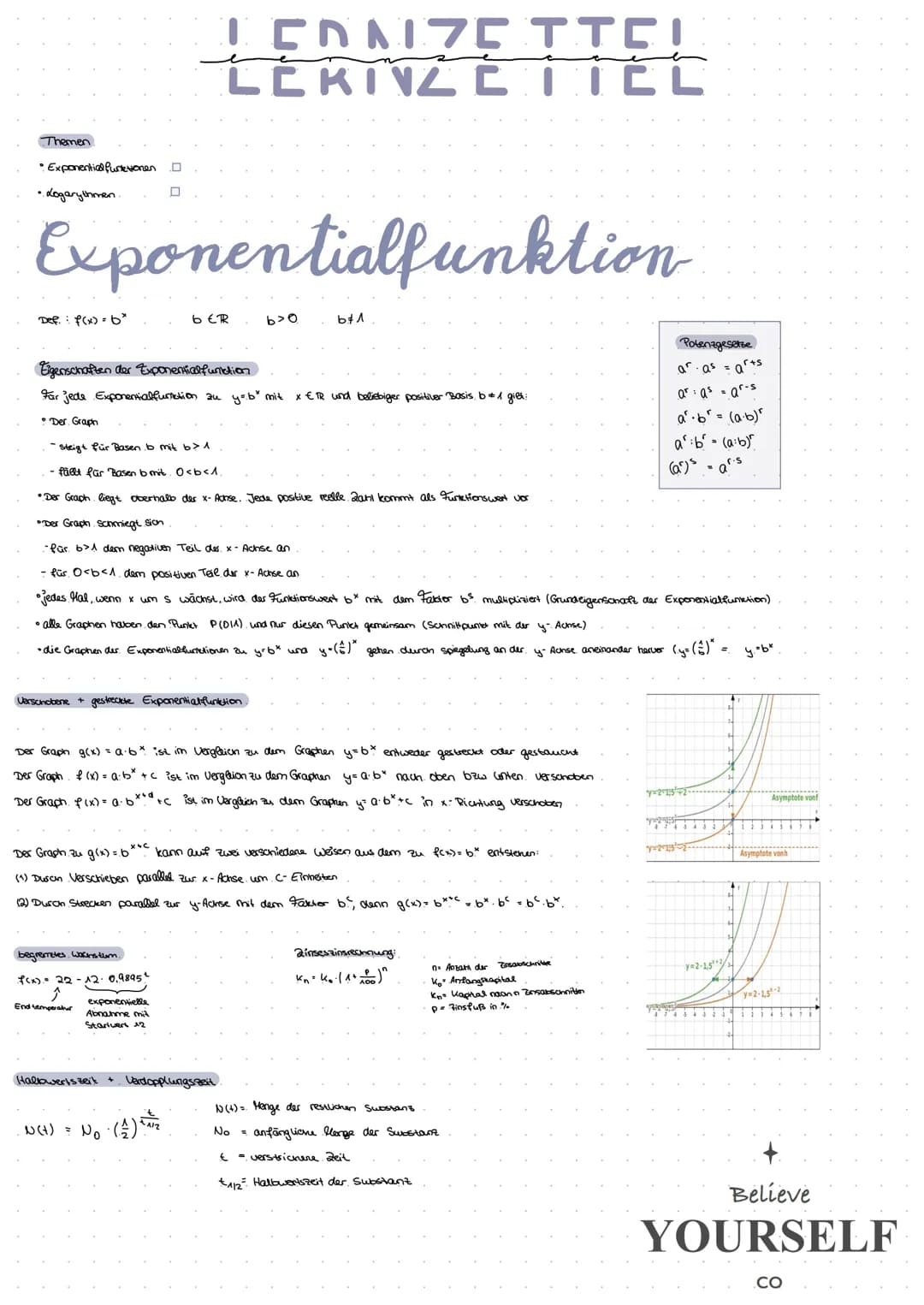 Themen
• Exponential funktionen
• Logarythmen.
Exponentialfunktion
Def.: f(x) = 6*
Eigenschaften der Exponential function
Für jede Exponenti