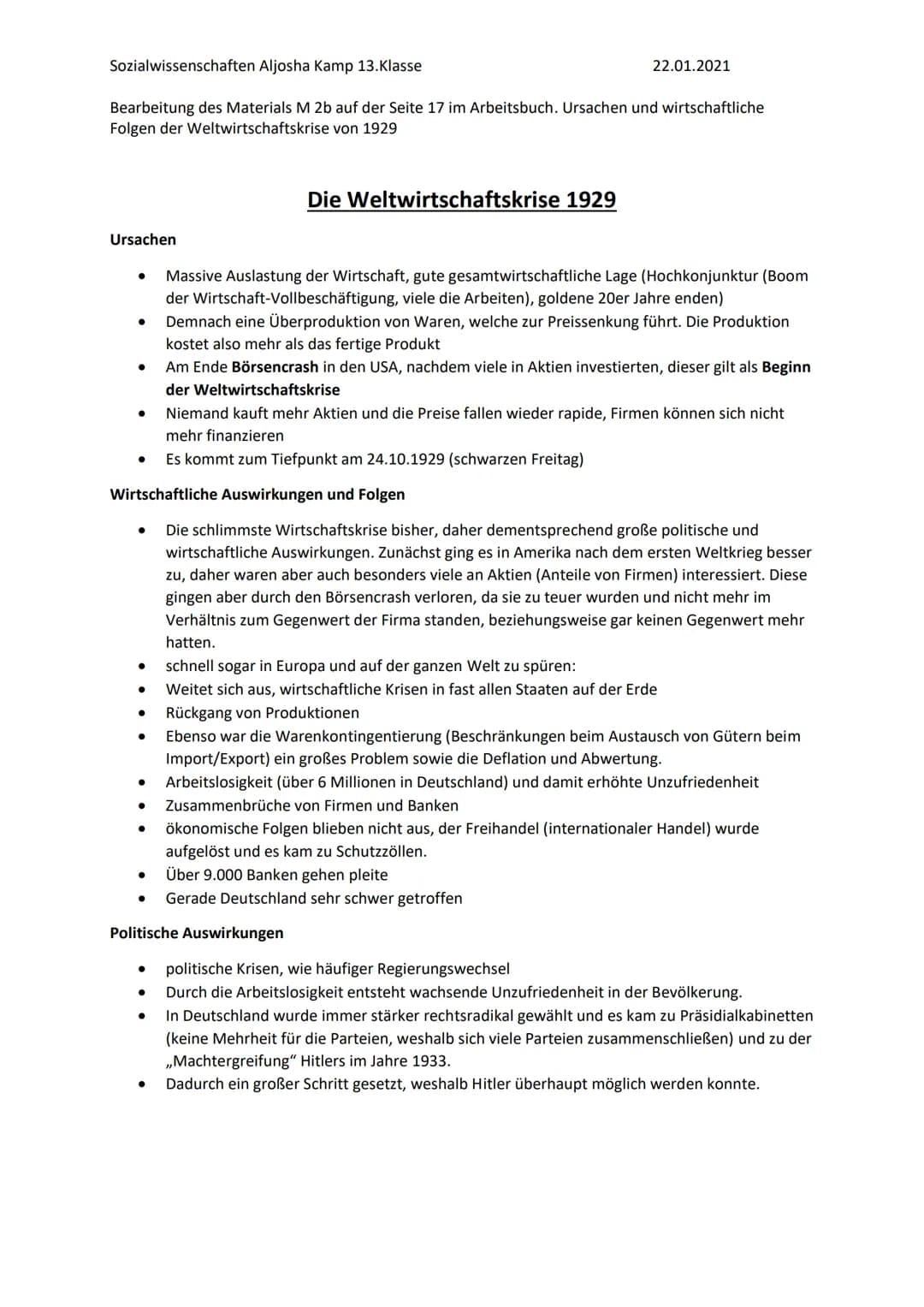 Sozialwissenschaften Aljosha Kamp 13.Klasse
Bearbeitung des Materials M 2b auf der Seite 17 im Arbeitsbuch. Ursachen und wirtschaftliche
Fol