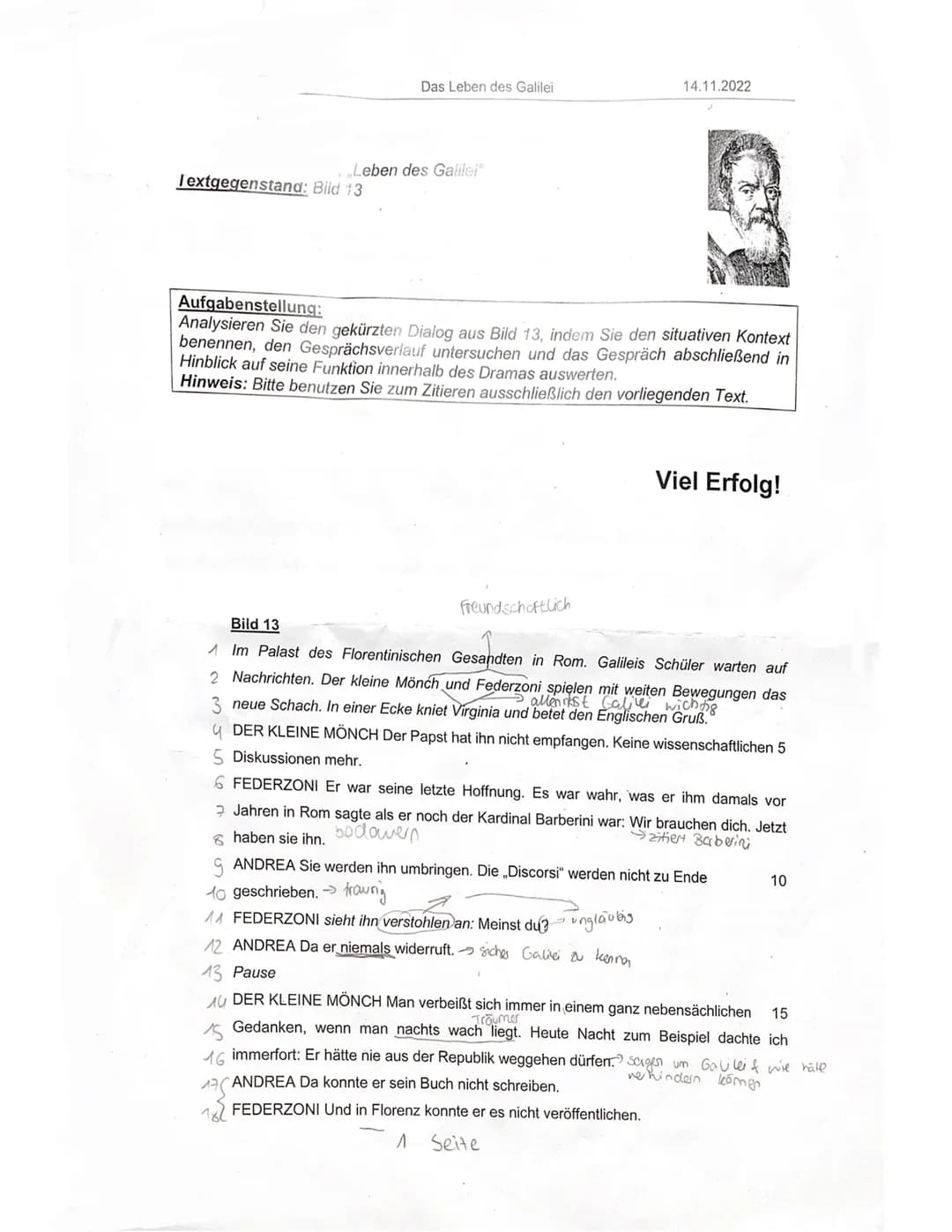 EF Deutsch
Das Leben des Galilei
Thema: Bertolt Brecht: Leben des Galilei - Dialoganalyse
Textgegenstand: Bild 13
Aufgabenstellung:
Lesen Si