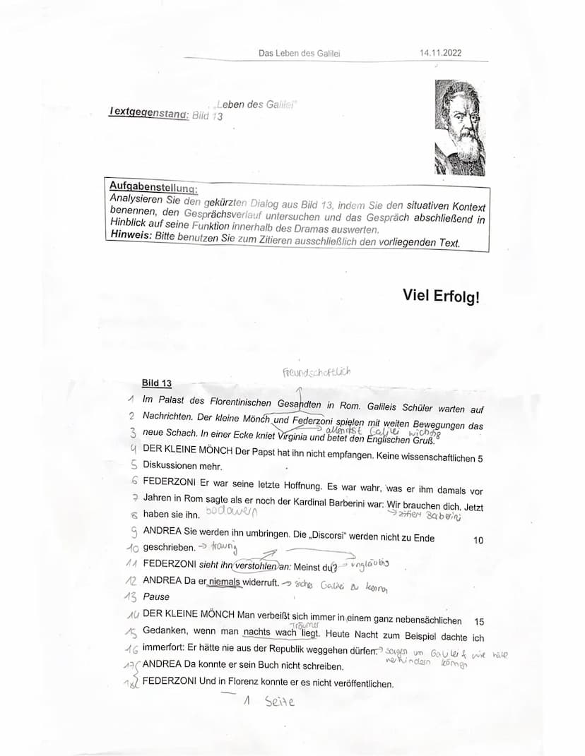EF Deutsch
Das Leben des Galilei
Thema: Bertolt Brecht: Leben des Galilei - Dialoganalyse
Textgegenstand: Bild 13
Aufgabenstellung:
Lesen Si