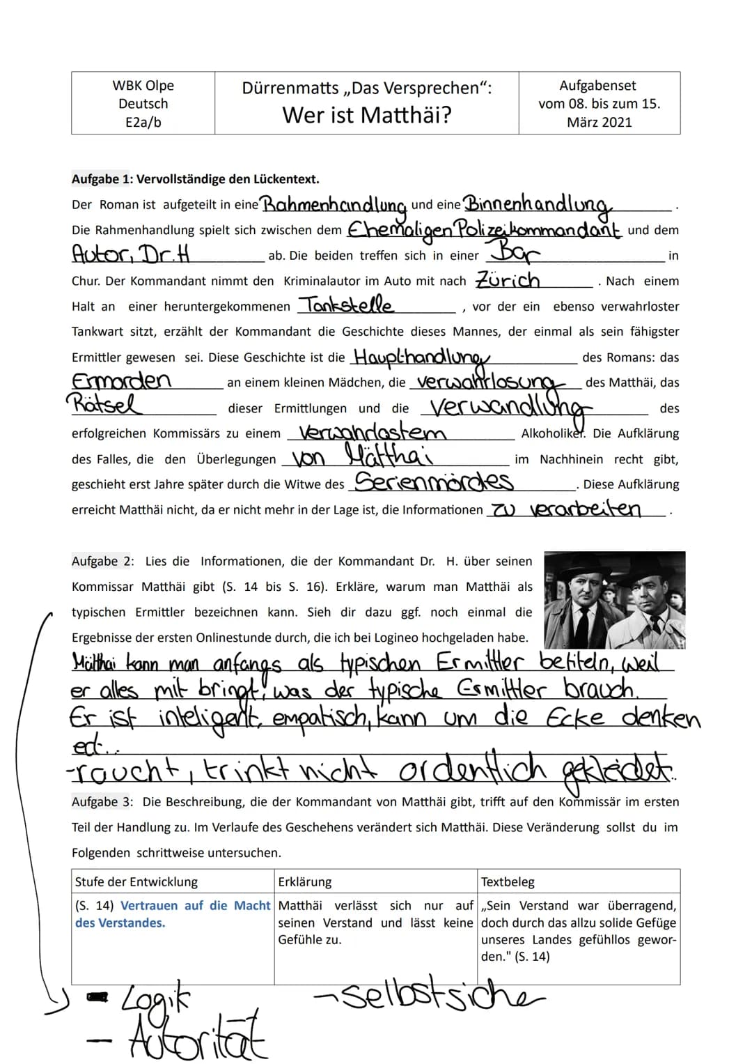 WBK Olpe
Deutsch
E2a/b
Dürrenmatts ,,Das Versprechen":
Wer ist Matthäi?
Ermorden
Rätsel
Aufgabe 1: Vervollständige den Lückentext.
Der Roman