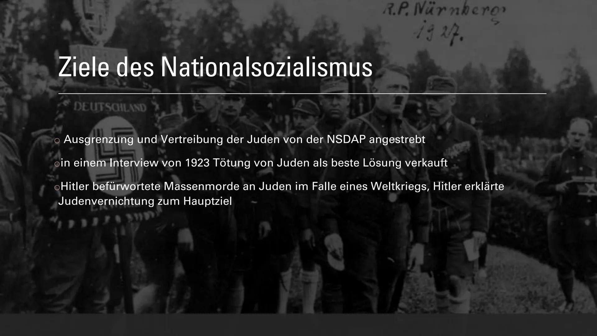 Judenverfolgung Präsentation
Ziele des Nationalsozialismus
●
●
Ausgrenzung und Vertreibung der Juden von der NSDAP Nationalsozialistische de