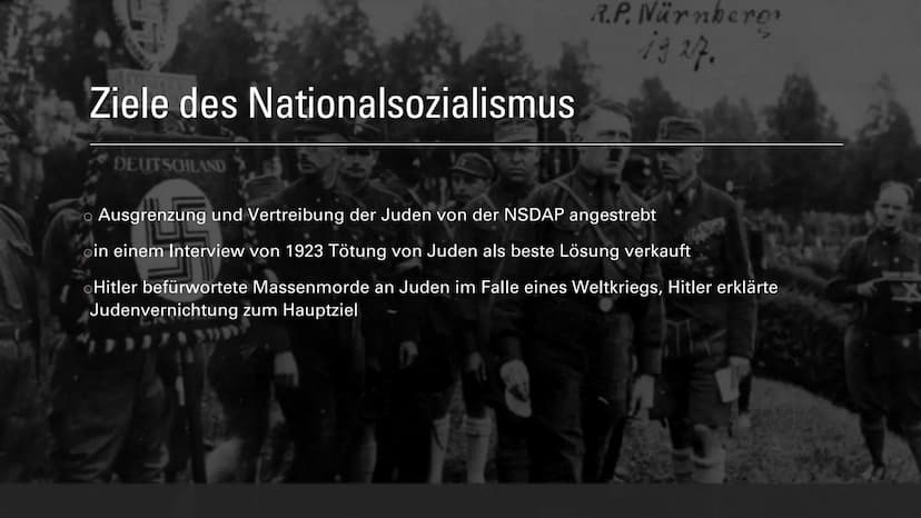Judenverfolgung Präsentation
Ziele des Nationalsozialismus
●
●
Ausgrenzung und Vertreibung der Juden von der NSDAP Nationalsozialistische de