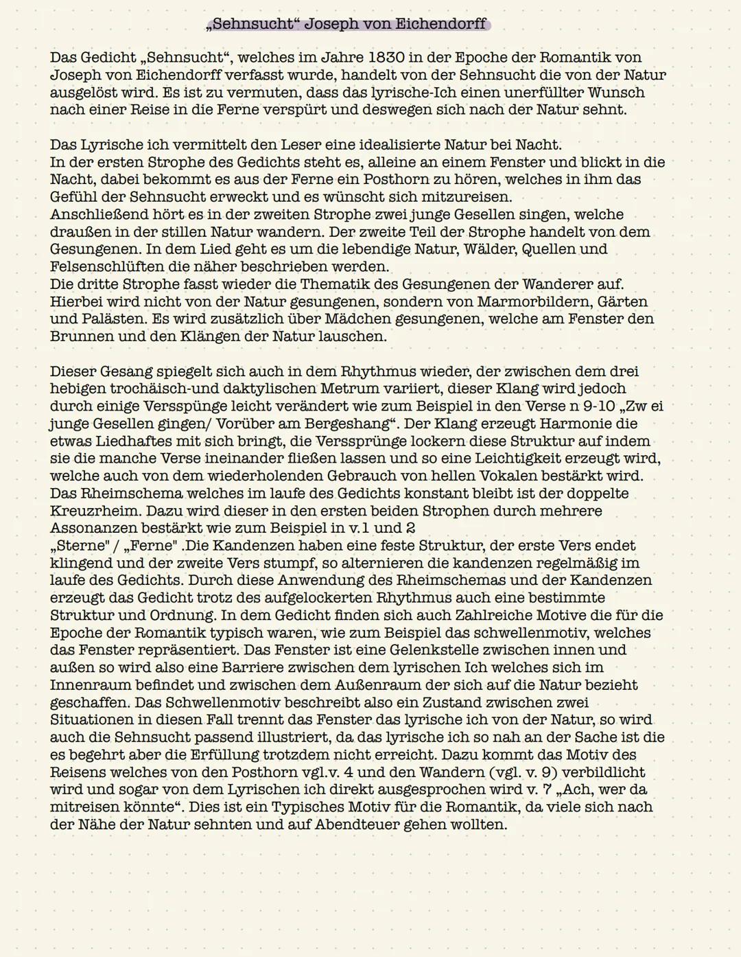 „Sehnsucht" Joseph von Eichendorff
Das Gedicht „Sehnsucht“, welches im Jahre 1830 in der Epoche der Romantik von
Joseph von Eichendorff verf