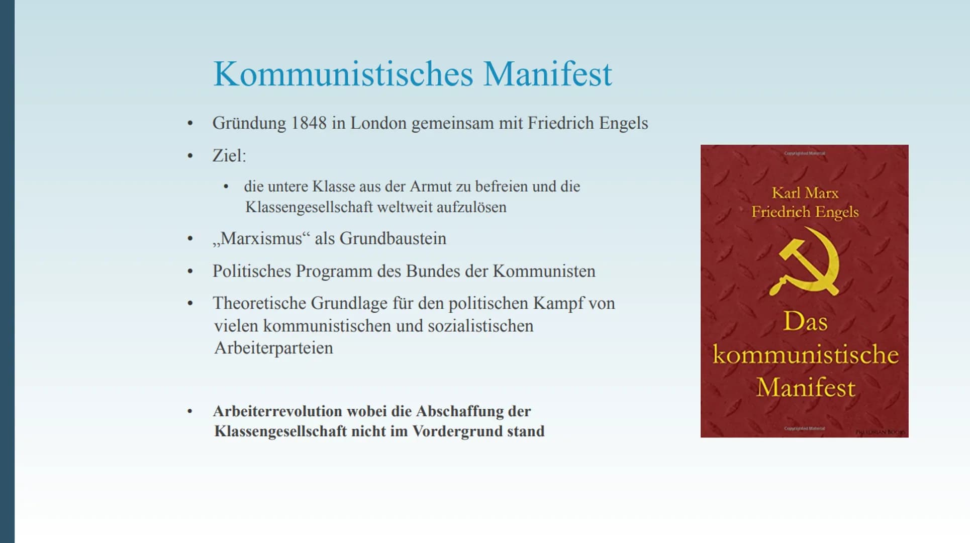 Karl Marx
Deutscher Philosoph; Gesellschaftstheoretiker im
Kommunismus; Religions- und Kapitalismuskritiker;
Ökonom
Präsentation von Inhalt
