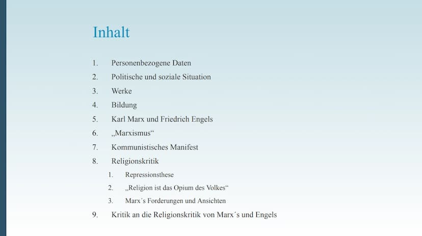 Karl Marx
Deutscher Philosoph; Gesellschaftstheoretiker im
Kommunismus; Religions- und Kapitalismuskritiker;
Ökonom
Präsentation von Inhalt
