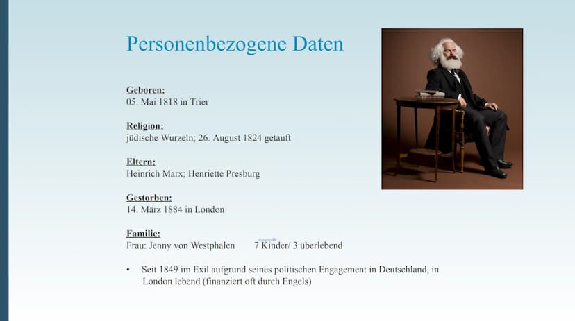 Karl Marx
Deutscher Philosoph; Gesellschaftstheoretiker im
Kommunismus; Religions- und Kapitalismuskritiker;
Ökonom
Präsentation von Inhalt
