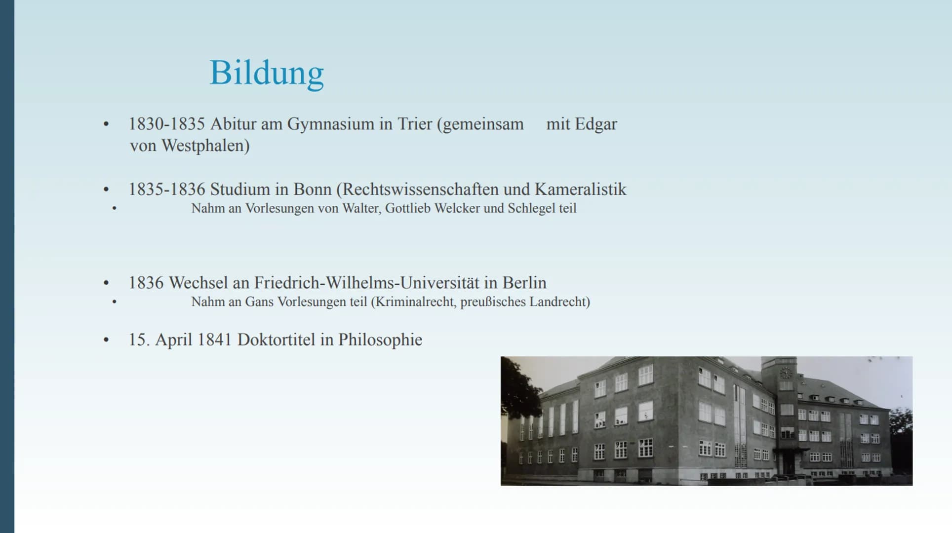 Karl Marx
Deutscher Philosoph; Gesellschaftstheoretiker im
Kommunismus; Religions- und Kapitalismuskritiker;
Ökonom
Präsentation von Inhalt
