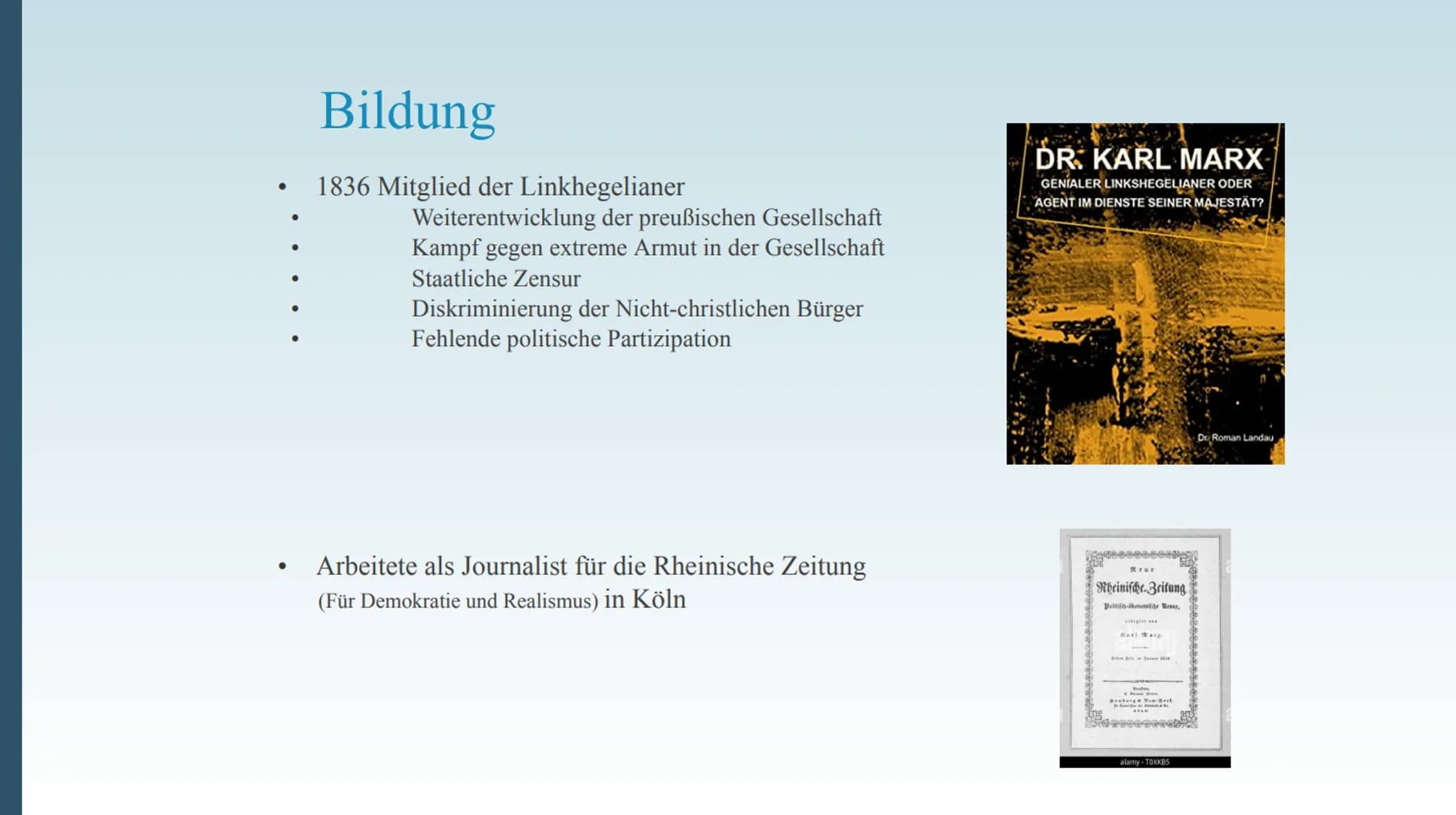 Karl Marx
Deutscher Philosoph; Gesellschaftstheoretiker im
Kommunismus; Religions- und Kapitalismuskritiker;
Ökonom
Präsentation von Inhalt
