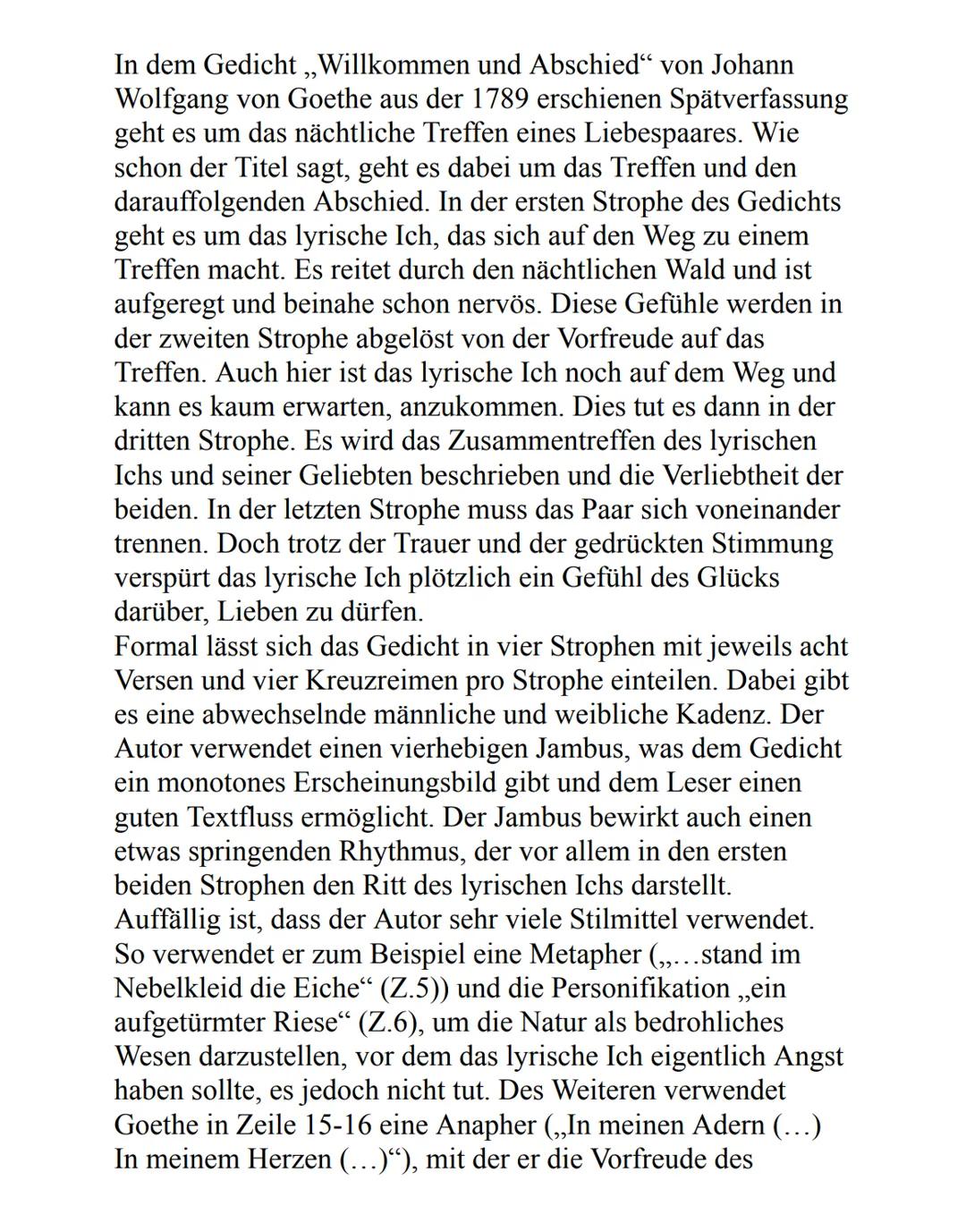 Lyrikanalyse zu ,,Willkommen und Abschied"
1. Goethes Erfahrungen in der Liebe
2. Analyse des Werks
2.1 Inhalt von ,,Willkommen und Abschied