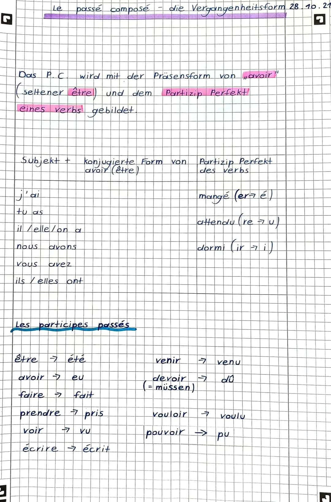 G
Le passe compose
j'ai
Das P. C
wird mit der Präsensform von avoir"
seltener être) und dem Partizip Perfekt
eines verbs gebildet
Subjekt + 