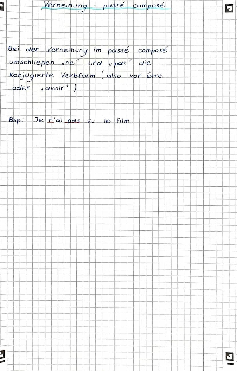G
Le passe compose
j'ai
Das P. C
wird mit der Präsensform von avoir"
seltener être) und dem Partizip Perfekt
eines verbs gebildet
Subjekt + 