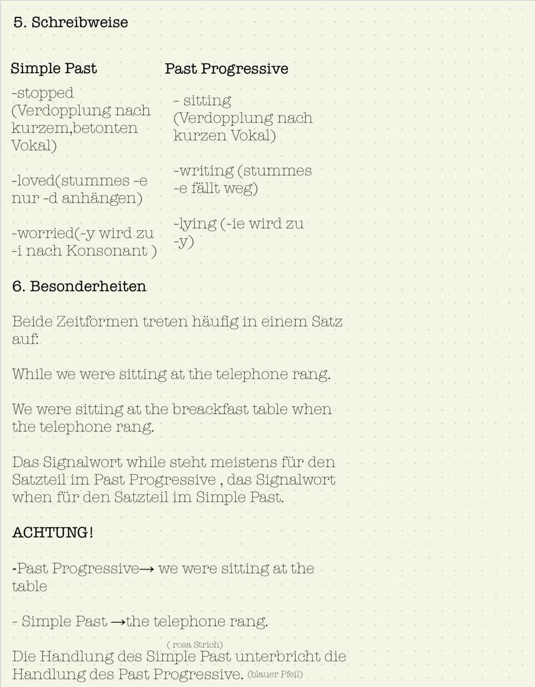5. Schreibweise
Simple Past
-stopped
(Verdopplung nach
kurzem,betonten
Vokal)
-loved(stummes -e
nur -d anhängen)
-worried(-y wird zu
-i nach
