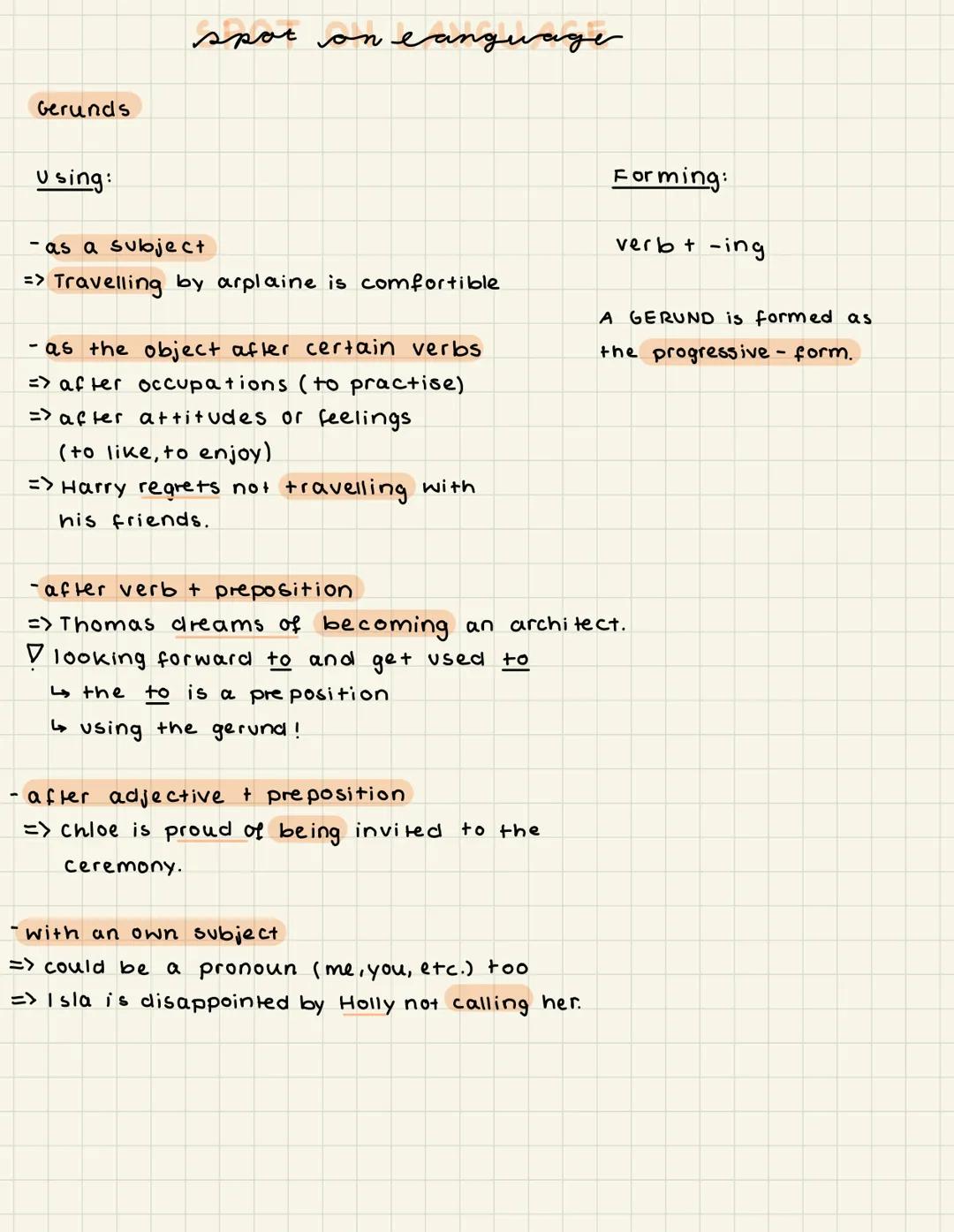 spot on language

Gerunds

Using:

-as a subject
=> Travelling by arplaine is comfortible

as the object after certain verbs
=> after occupa