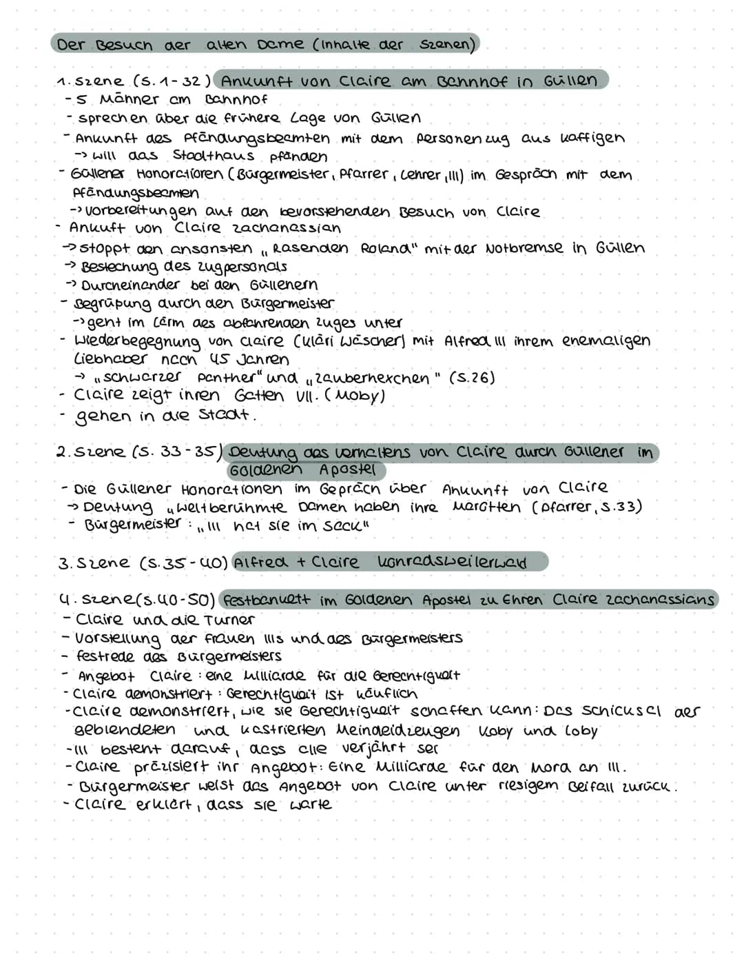 Der Besuch der
alten Dame (Inhalte der
Szenen)
1. Szene (s.1-32) Ankunft von Claire am Bahnhof in Güllen.
-5 Männer .cm Bahnhof
- sprechen ü