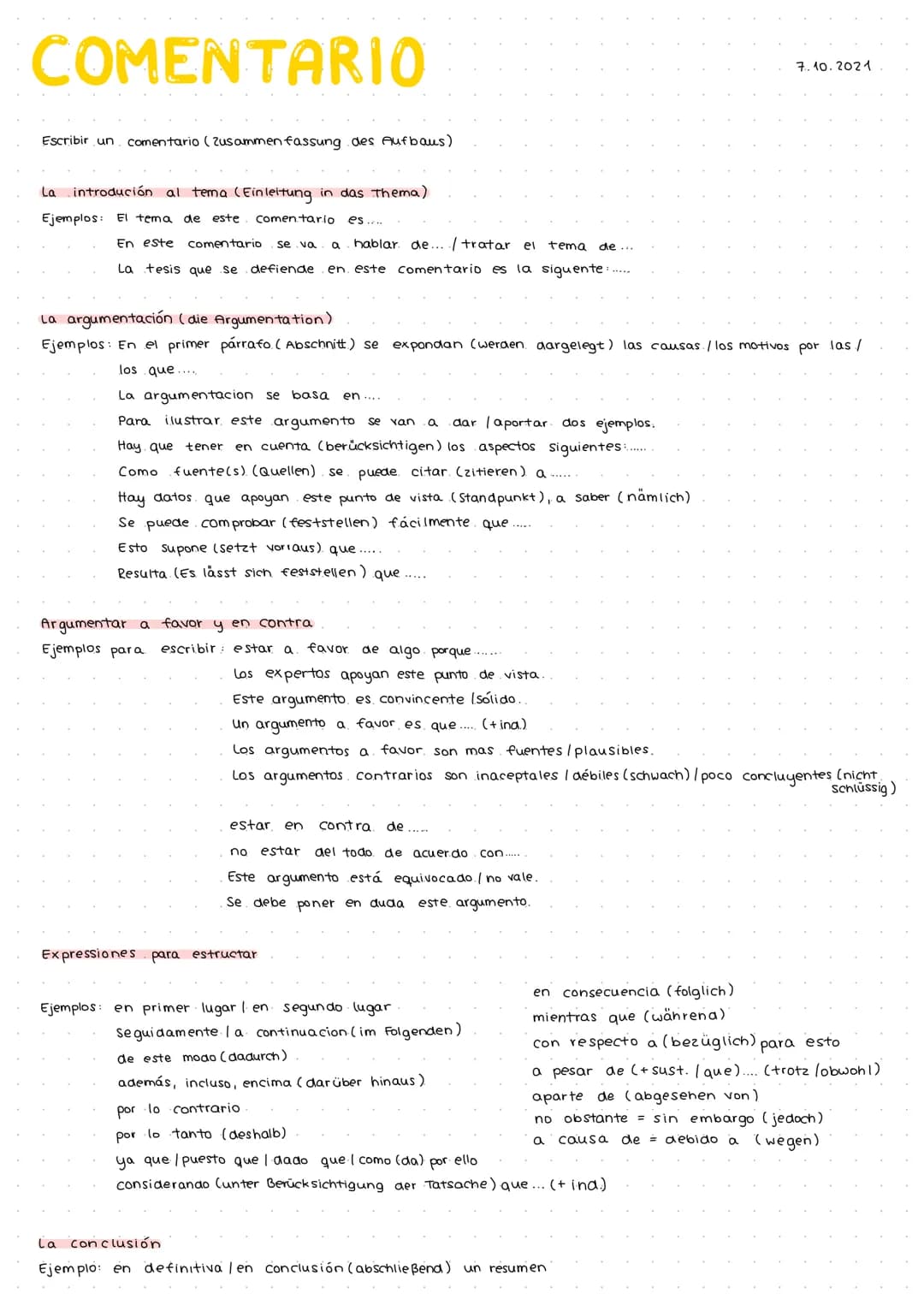 COMENTARIO
Escribir un comentario (Zusammenfassung des Aufbaus)
La introdución al tema (Einleitung in das Thema)
Ejemplos: El tema de este C