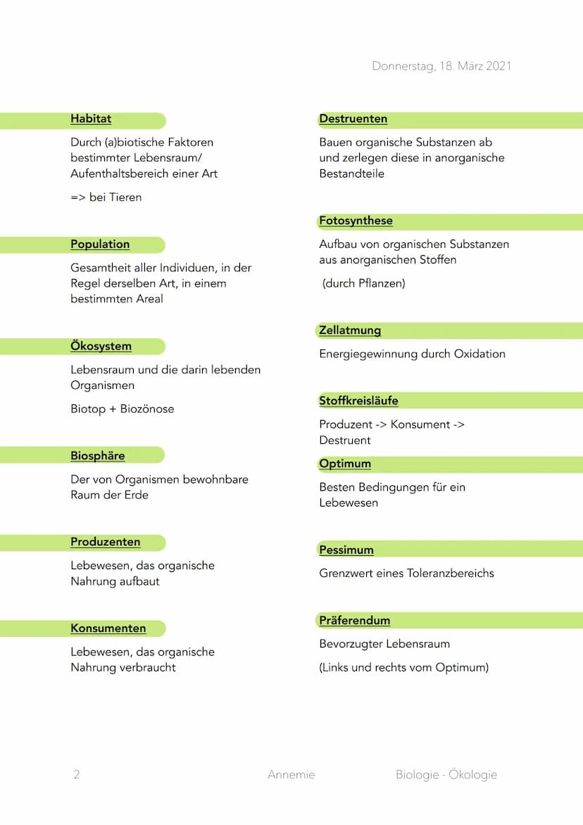 Ökologie
Begriffe und Defintionen
Abiotische Faktoren
Umweltfaktoren, an denen keine
Lebe esen beteiligt sind
Biotische Faktoren
Umweltfakto