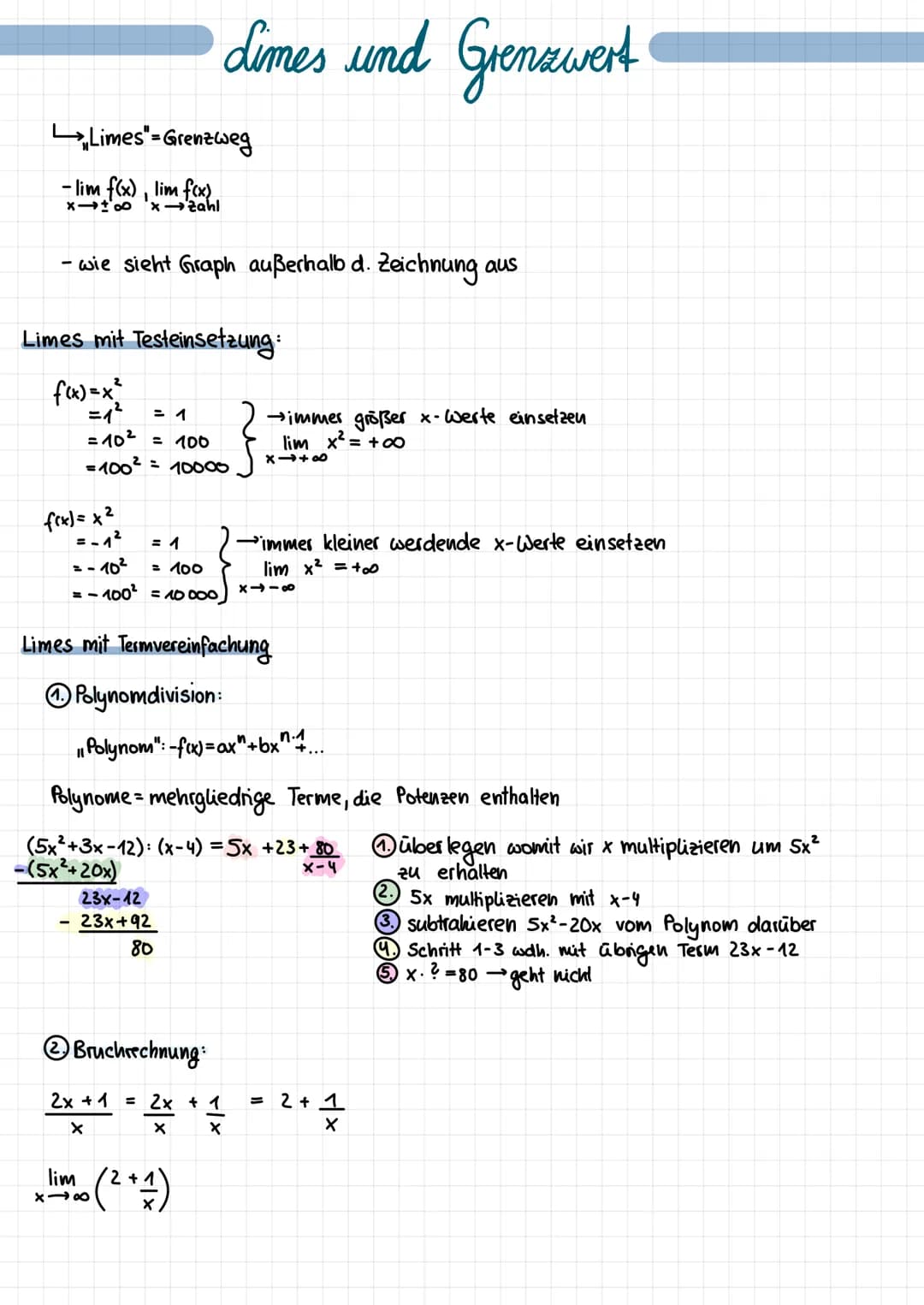 Limes-Grenzweg
- lim f(x), lim f(x)
x1180 x →zahl
- wie sieht Graph außerhalb d. Zeichnung aus
Limes mit Testeinsetzung:
f(x)=x²
• dimes und