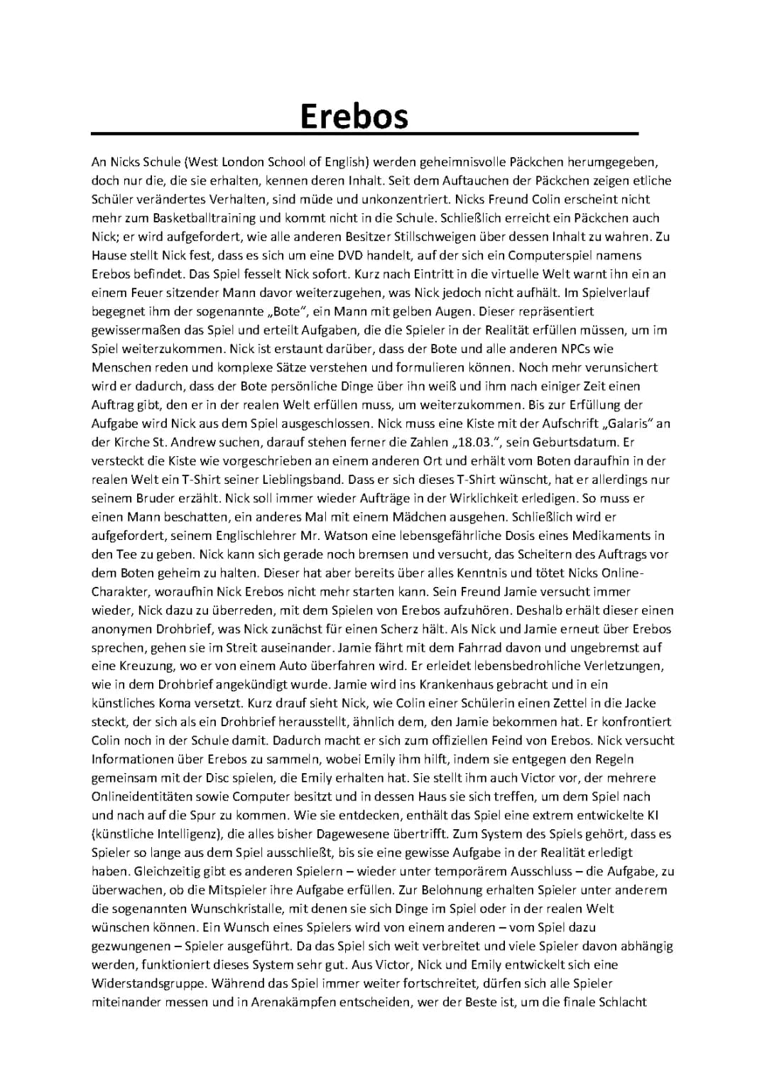 Erebos Zusammenfassung - Kapitel 1, 4, 5, 6, 7, 11 und mehr!