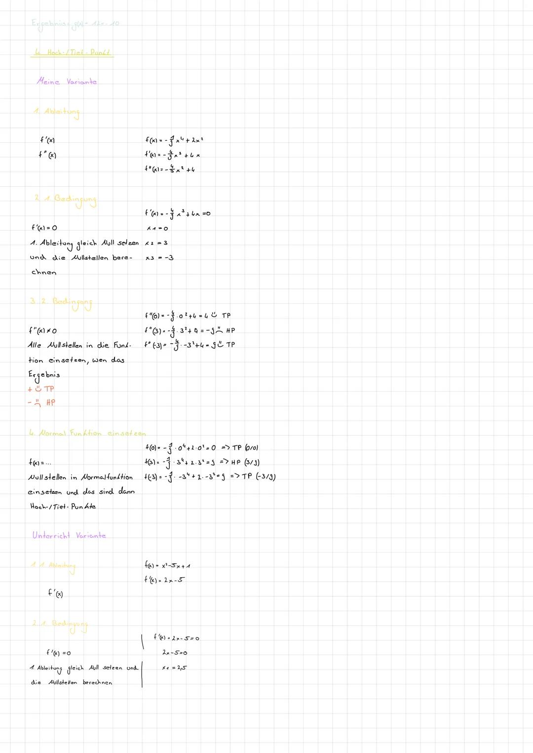 # MATHE

1. Ableitungsfunktion zeichnen


f's Steigung

Bereich

Bereich

- Beim HP/TP ist die Steigung Noll. (Nullstellen)

  Extrematelle 