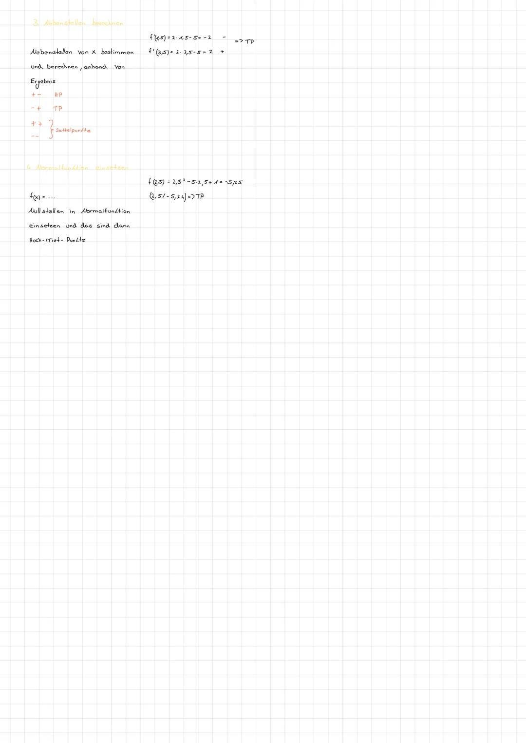 # MATHE

1. Ableitungsfunktion zeichnen


f's Steigung

Bereich

Bereich

- Beim HP/TP ist die Steigung Noll. (Nullstellen)

  Extrematelle 
