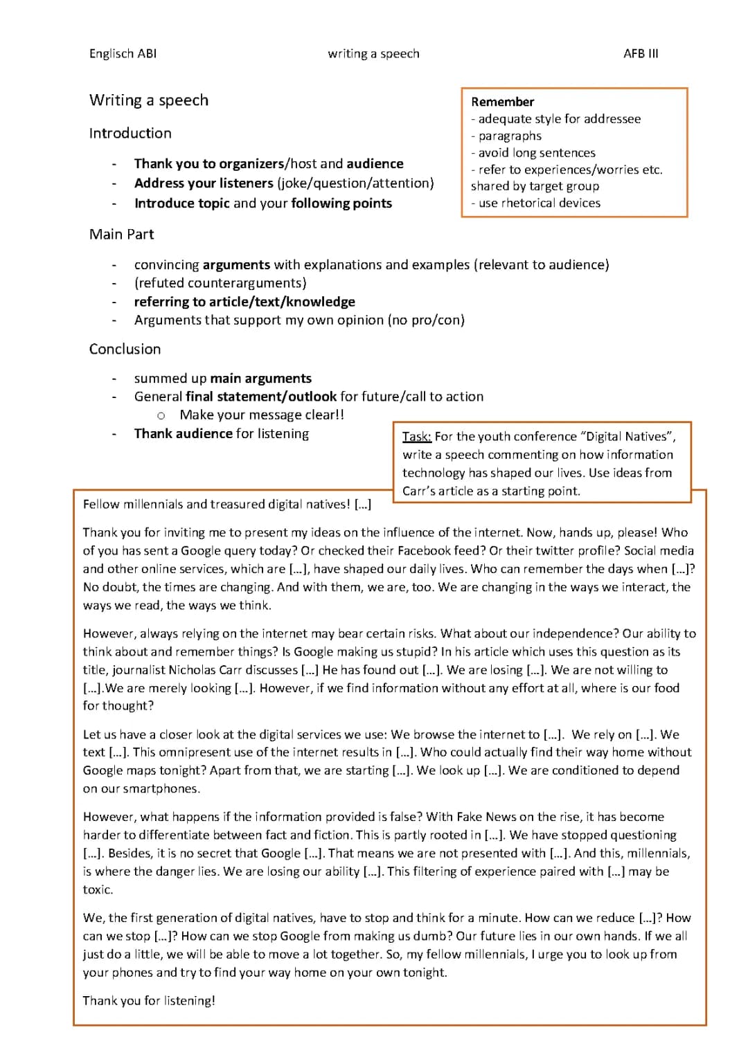 writing a speech englisch mit beispieltext