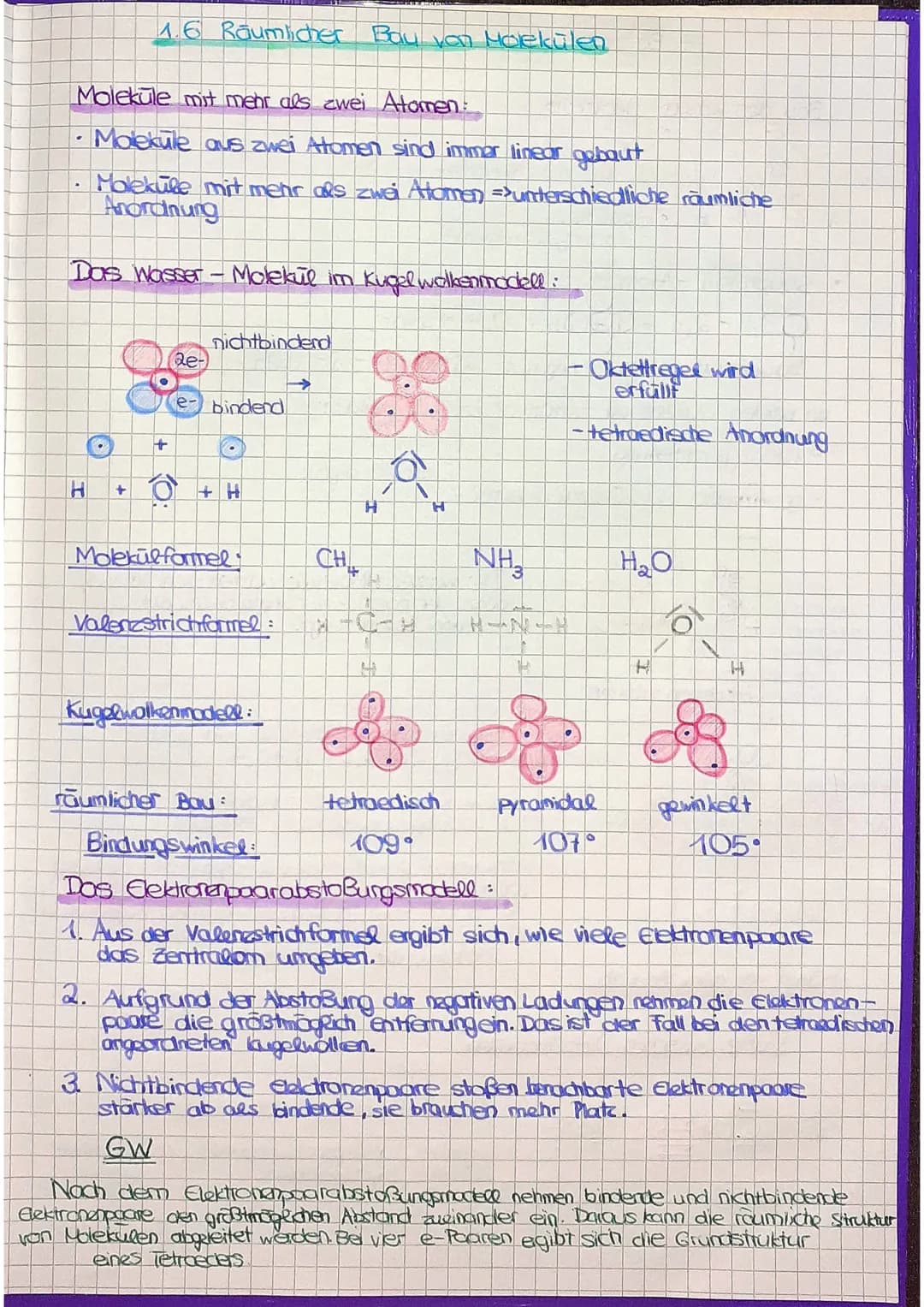 Molekule mit mehr als zwei Atomen
.
· Molekule aus zwei Atomen sind immer linear gebaut
1.6 Räumlicher Bau von Molekülen
H
Molekule mit mehr