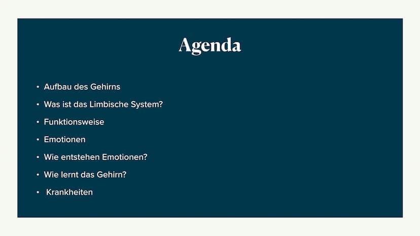 Limbisches System
Helen 06.12.2022 Welche Rolle hat das limbische System
beim Entstehen Emotionen und wie
lernt das Gehirn? ●
●
●
●
Aufbau d