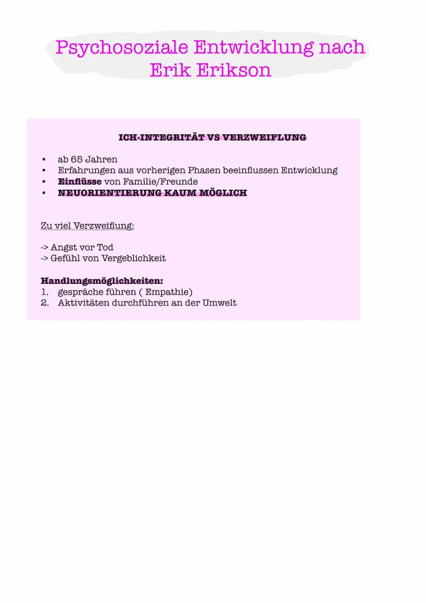 Psychosoziale Entwicklung nach
Erik Erikson r
1. Urvertrauen vs Urmisstrauen
2. Autonomie vs Selbstzweifel
3. Initiative vs Schuldgefühle
4.