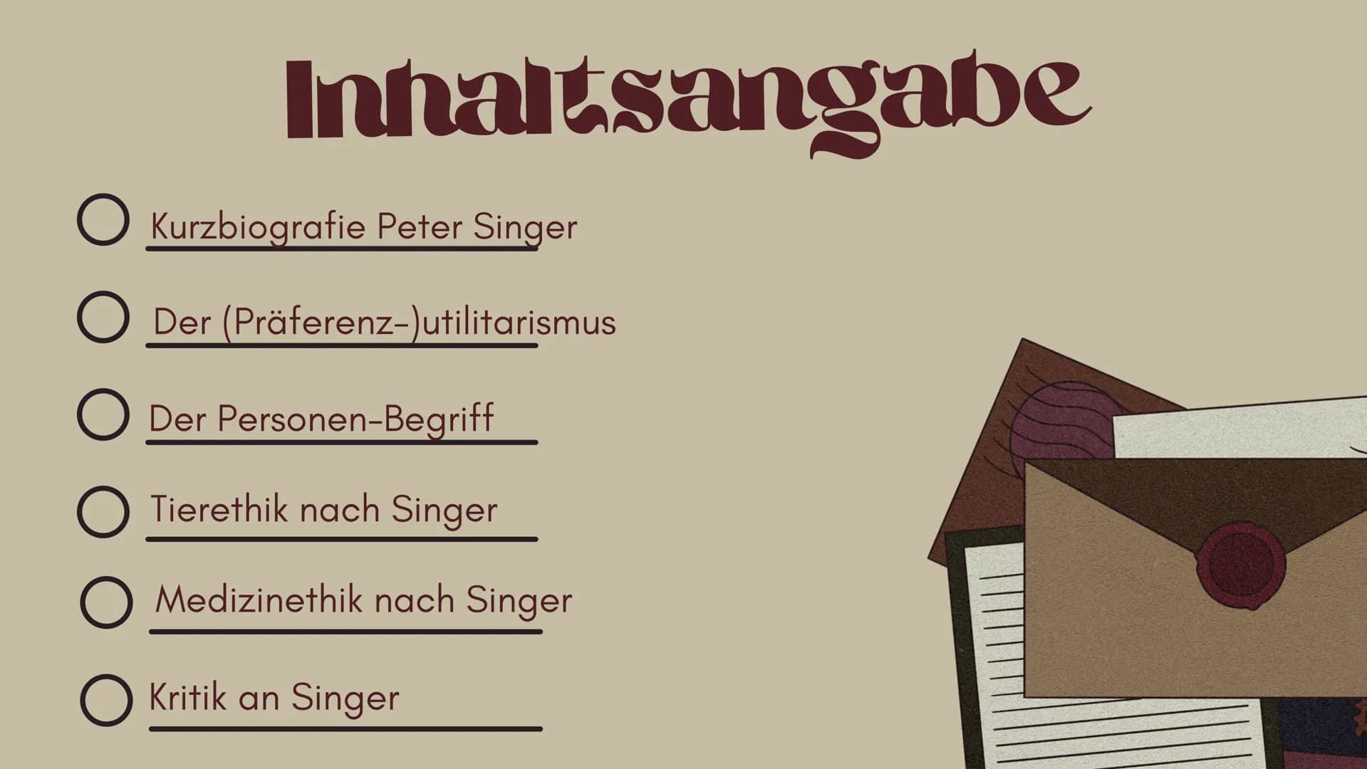 Ethik Q1
Lena-Jasmin Terfoorth
Peter
Singer
C Inhaltsangabe
● Kurzbiografie Peter Singer
Der (Präferenz-)utilitarismus
Der Personen-Begriff

