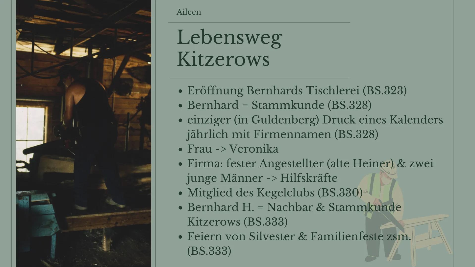 19.12.2022
Gruppe 5
Sigurd
Kitzerow Aileen
Lebensweg
Kitzerows
Eröffnung Bernhards Tischlerei (BS.323)
• Bernhard Stammkunde (BS.328)
=
●
ei