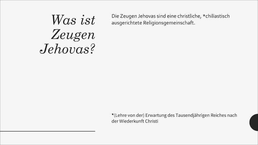 ZEUGEN
JEHOVAS
Louis Münch Was ist
Zeugen
Jehovas?
Die Zeugen Jehovas sind eine christliche, *chiliastisch
ausgerichtete Religionsgemeinscha
