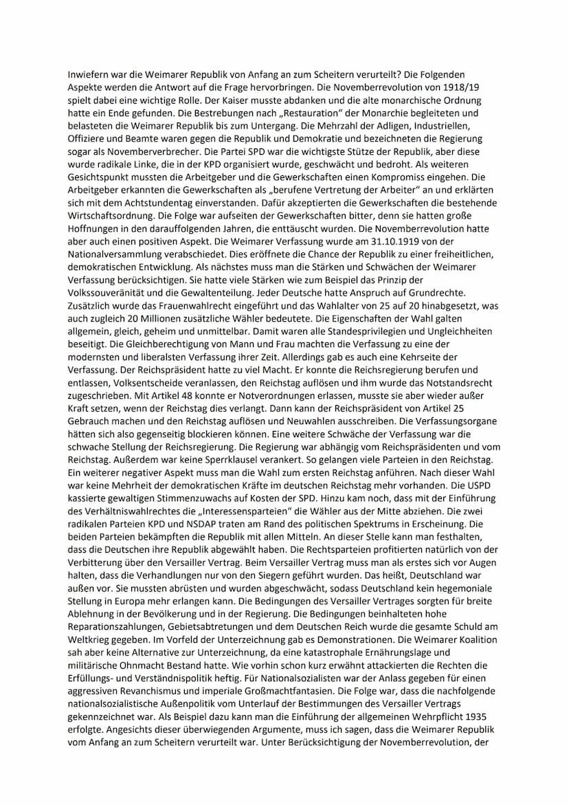Inwiefern war die Weimarer Republik( WR) von Anfang an zum Scheitern zum Scheitern verurteilt?
Pro
Novemberrevolution
Abdankung des Kaisers 