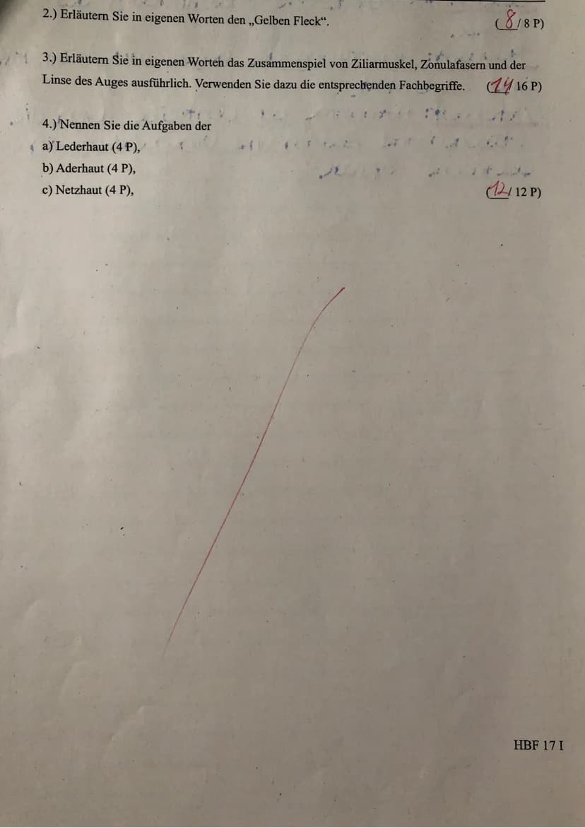 Punkte: S 53 Note:
W
1.) Beschriften Sie das Schemabild des Auges (je 1 P):
1: Cinse
2: Glaskörper
3: Hintere Augen kammer
少
4: Zonulafaserr